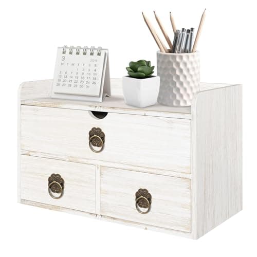 SeekElegant Wood Desk Organizer with Drawer, Washed White