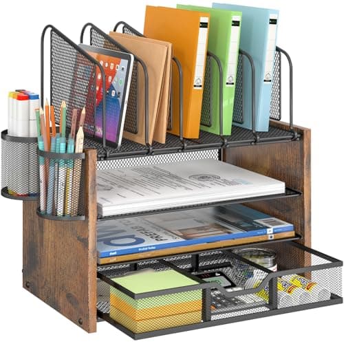 DAOUTIME 4-Tier Mesh Desk Organizer with 5 Vertical File Holders