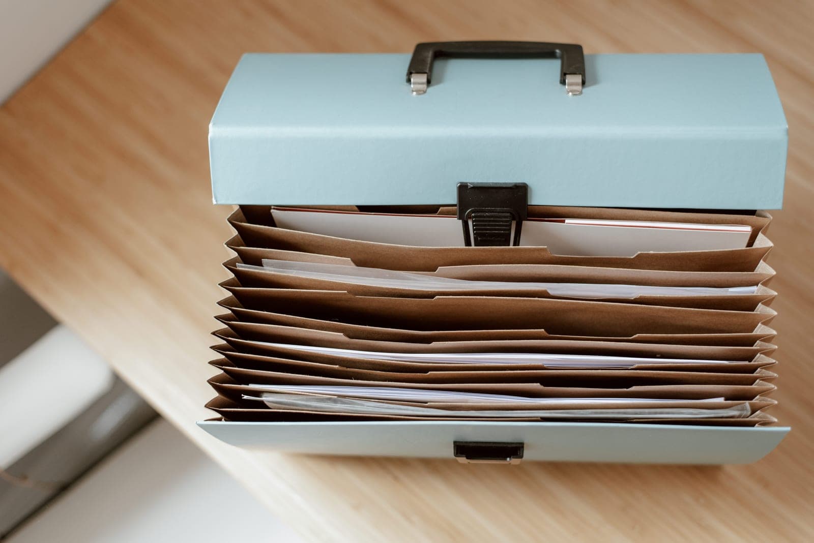 Hanging file folders in a drawer, viewed from above